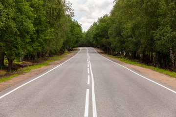 Summer asphalt road with white markings and green trees on the side of the road. View from the middle of the highway