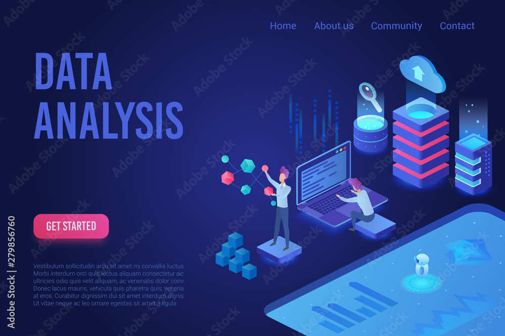 Aufkleber Data analysis ultraviolet light isometric vector template. Web analytics, marketing service. Big data, servers charts and graphs. Business financial research. Database, data storage