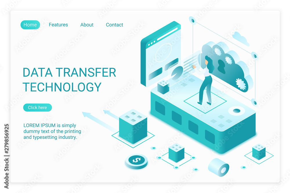 Poster Data transfer technology landing page isometric vector template. Cloud computing 3d concept. Information exchange. Data storage service, transmission application website homepage layout