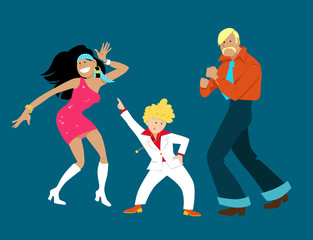 Family dressed in 1970s club fashion dancing disco, EPS 8 vector illustration