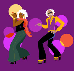 Senior couple dressed in 1970s club fashion dancing disco, EPS 8 vector illustration