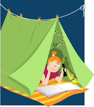 Little Girl Reading With A Flashlight In A Blanket Fort, Shadow Shows Pirate Ship, EPS 8  Vector Illustration