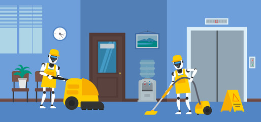 robots  cleaners  clean office cleaning service concept