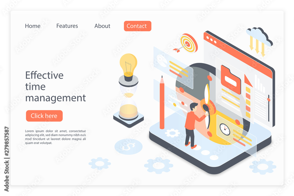 Aufkleber Effective time management landing page isometric vector template. Workflow optimization 3d concept. Planning schedule. Business process organization, working time control website homepage layout