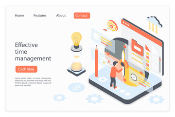 Effective time management landing page isometric vector template. Workflow optimization 3d concept. Planning schedule. Business process organization, working time control website homepage layout