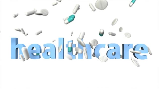 many drugs and pills fall on blue lettering HEALTHCARE (FULL HD)