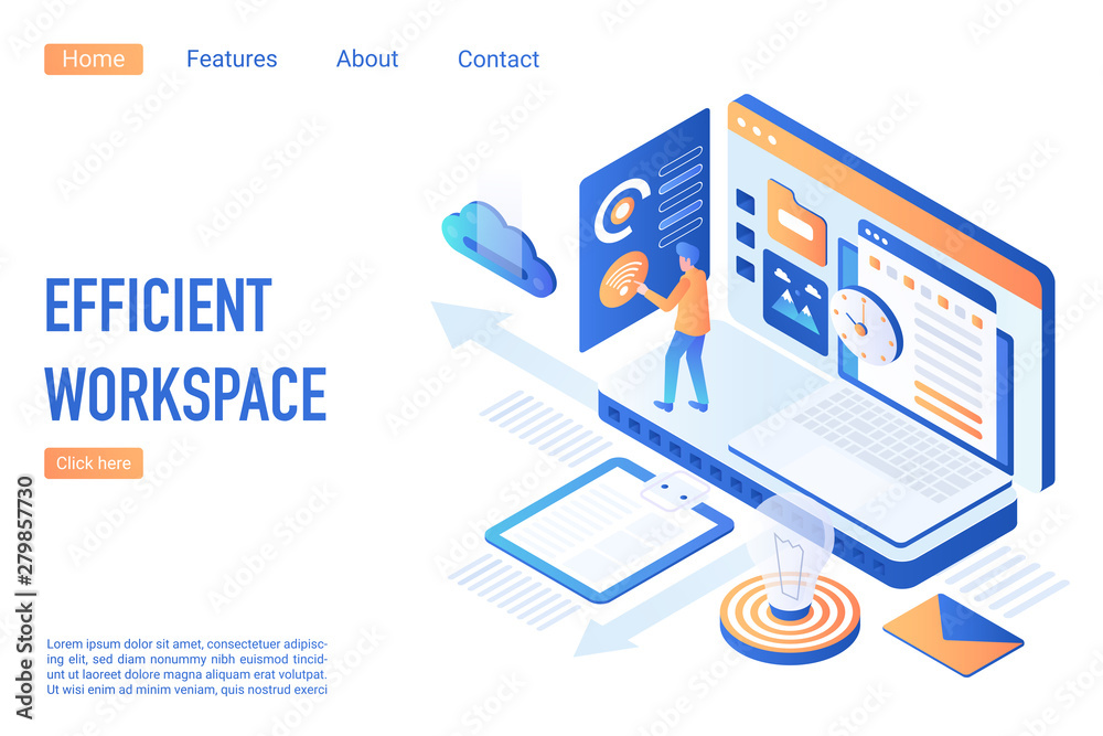 Aufkleber Efficient workspace landing page isometric vector template. Workflow optimization 3d concept. Team building and management. Business process efficiency, working activity website homepage layout