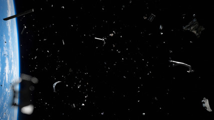 space debris in Earth orbit, dangerous objects orbiting around the blue planet © dottedyeti
