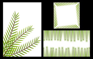 Set of isolated palm leaves on white backdrop. Vector templates A4, 16:9, branches frame ornament.