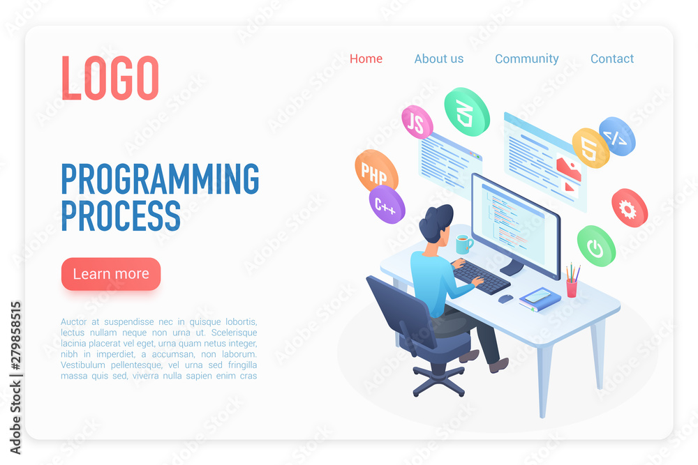 Poster Programming process landing page isometric vector template. Software development 3d concept. Coder, programmer courses. Digital technology. Computer science, IT industry website homepage layout