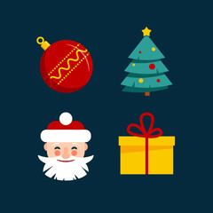 Christmas and New Year 2020 flat color icon set with snowflakes, christmas tree, balls, santa, sock, gift, drink and other stuff on the dark blue background. Vector illustation for xmas holidays. 