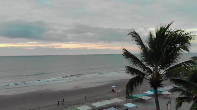 Sutset on beach with palm trees, aerial shot