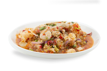 Spicy mixed seafood or Mixed seafood salad  isolated on white background. Clipping path.