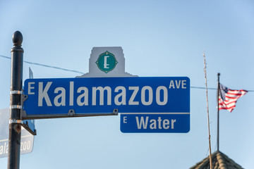 Kalamazoo Avenue street sign at Water, in downtown Kalamazoo, Michigan.