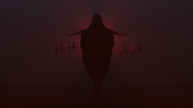 Floating Cyclops Demon with Black Poncho Futuristic Seductive Vampire Devil Futuristic Haute Couture and Upside Down Floating Crosses Abstract Demon in a Foggy Void 3d illustration 3d render  