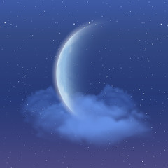 Realistic new moon, clouds and stars on the background of the night sky
