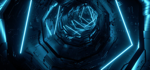 Futuristic Neon Light Blue Hyper Pentagonal Triangle Detailed Sci Fi Alien Spaceship Reflective Metal Corridor Tunnel Gate Empty Glowing Background Modern 3D Rendering