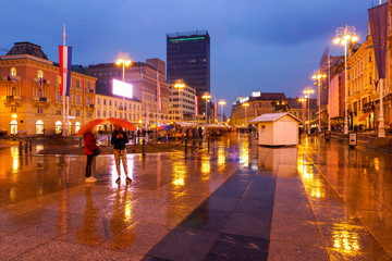 Fototapeta na wymiar Ban Jelacic Square on a rainy evening