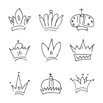 Set of nine simple sketch queen or king crowns