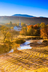 Rural Vermont town during peak foliage season.