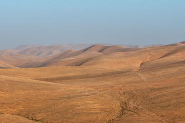 Fototapeta na wymiar little caravan riding by desert between dune in Morocco