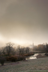 Fototapeta na wymiar Stowe Community Church on a foggy morning, Stowe, Vermont, USA