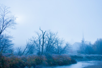 Stowe Community Church on a foggy morning, Stowe, Vermont, USA