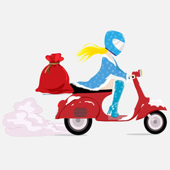 Snowgirl carries a bag of gifts on a scooter.New Year. Vector art