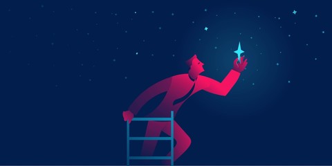 businessman reaches the star. achieving goal business concept vector illustration in red and blue neon gradients