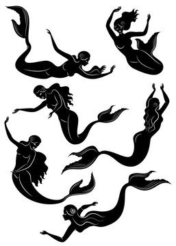 Collection. Silhouette of a mermaid. Beautiful girl swims in the water. The lady is young and slim. Fantastic image of a fairy tale. Vector illustration set