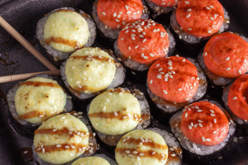 Closeup of delicious japanese food with sushi roll. Sushi bar. Japanese food restaurant. Copy space.