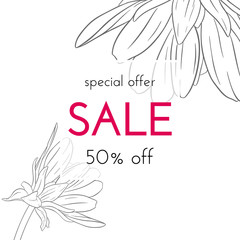 Sale floral card. Plant in blossom, branch with flower ink sketch. Fashion print for a banner, shopping, invitation, social media