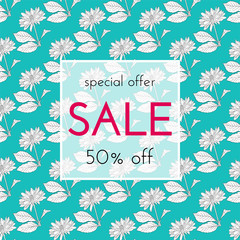 Sale floral card. Plant in blossom, branch with flower ink sketch. Fashion print for a banner, shopping, invitation, social media