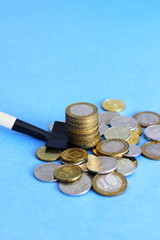 money Russian rubles, metal coins 10 on a shovel, background, capital growth concept