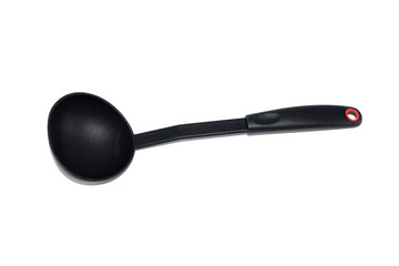 ladle, spatula and skimmer from food plastic in black on a white background, isolate, kitchen utensils