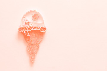 Ice cream quilling paper art on white background. Minimal summer concept. Copy space. Top view