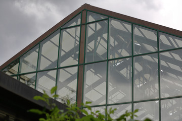 Greenhouse with glass walls and panoramic windows for growing exotic plants in cloudy weather