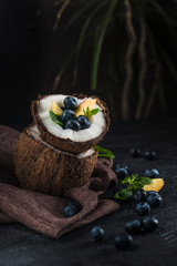 Fresh blueberries and peaches with mint bowl of coconut