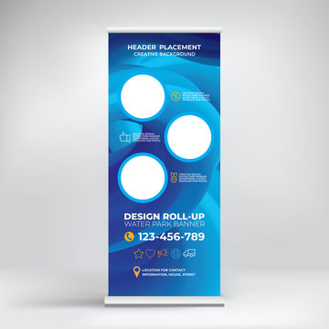 Banner for water Park, creative concept for presentations and advertising, template for posting photos and text. Modern blue background with sea waves