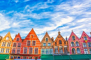 Foto auf Glas Colorful old brick house on the Grote Markt square in the medieval town of Bruges, Belgium © MarinadeArt