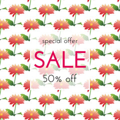 Sale floral card. Plant in blossom, branch with flower ink sketch. Fashion print for a banner, shopping, invitation, social media