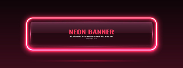 Rectangular glass banner. Transparent billboard with neon lights. Vector illustration. - obrazy, fototapety, plakaty
