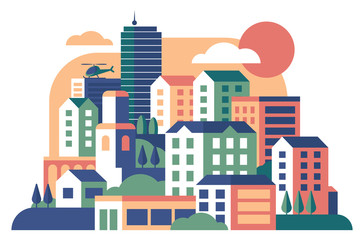 City buildings flat vector illustration. Townhouse, condominium. Apartment houses. Cityscape, flying helicopter over multi-storey structures. Skyscrapers, city street with various urban buildings