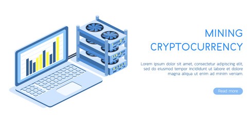 Isometric 3D vector illustration landing page laptop and video card for mining. Cryptocurrency mining