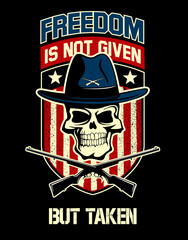 Skull with the hat and crossed guns and stars and stripes on background, vector military poster design concept.
