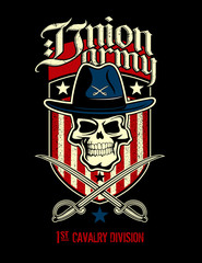 Skull with the hat and crossed sabers and stars and stripes on background, vector military poster design concept.