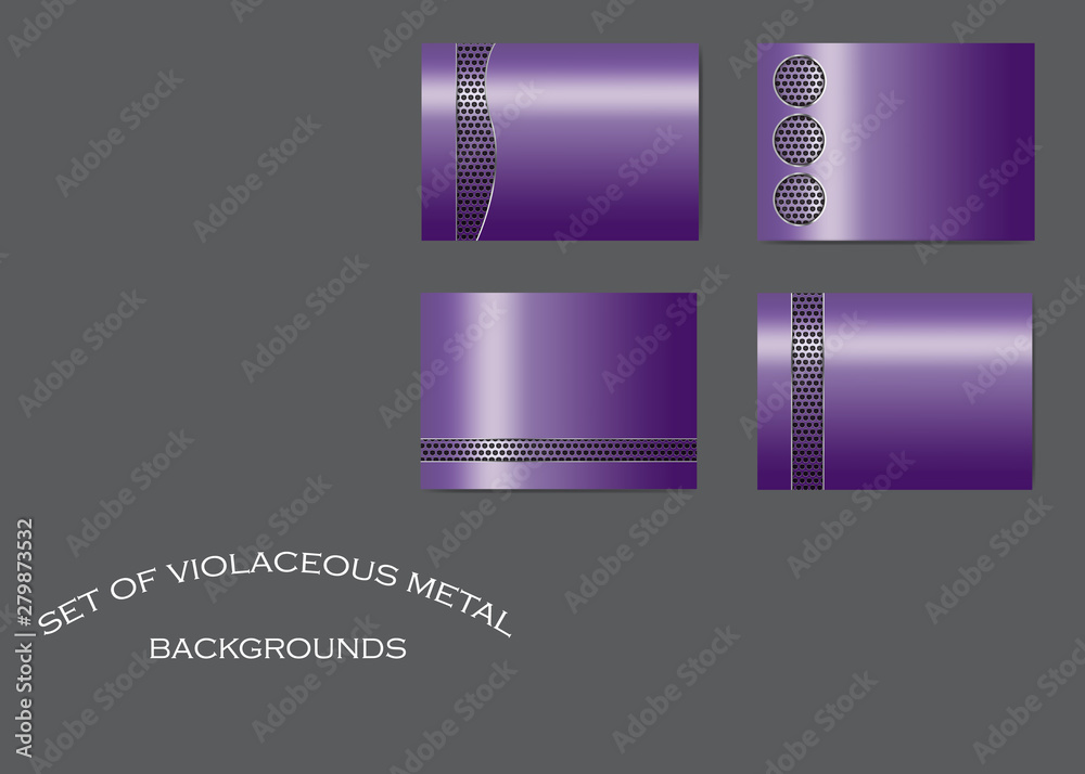 Wall mural set of four different violet metallic background with dotted stripe. vector illustration.