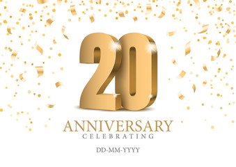 Anniversary 20. gold 3d numbers. Poster template for Celebrating 20th anniversary event party. Vector illustration - obrazy, fototapety, plakaty