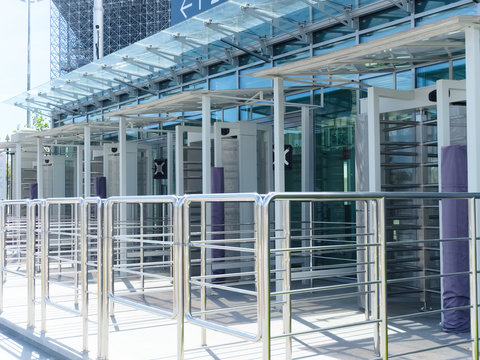 Stadium security modules. Closed entrance turnstile with pass and ticket checking. Barriers, security concept