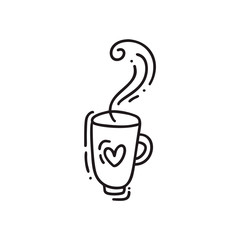 Hand drawn doodle coffee cup with heart. Sketched hot tea drink. Teacup symbol. Monoline vector illustration